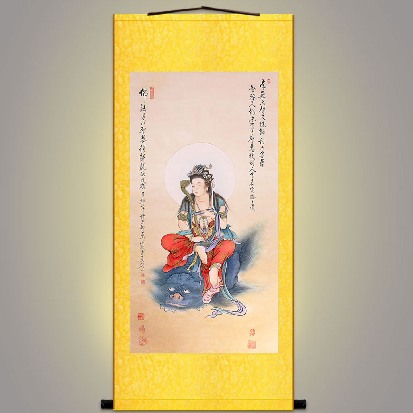 复古版 文殊菩萨佛像画 佛堂客厅书房装饰画 绢布卷轴挂画定制