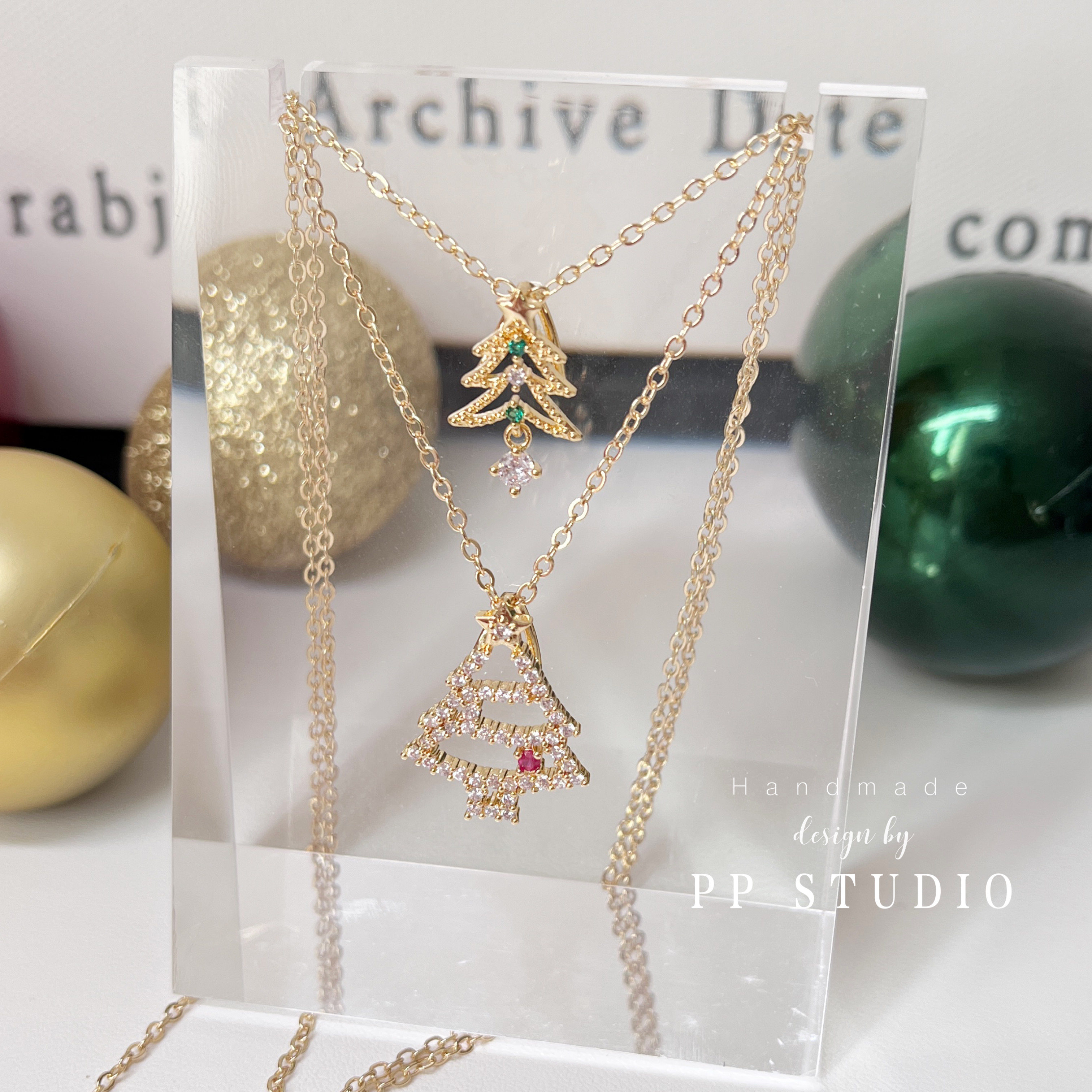 JK14K钢印保色圣诞树彩钻锁骨链