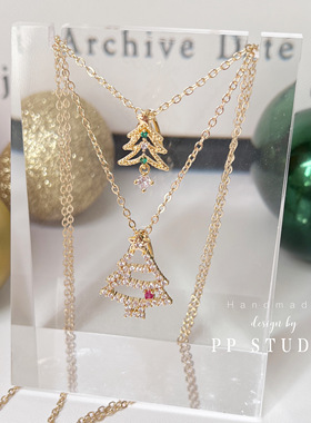 JK14K钢印保色圣诞树彩钻锁骨链