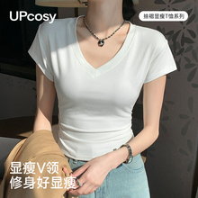 正肩t恤女短袖夏季2025年新款爆款白色V领半袖修身显瘦设计感上衣