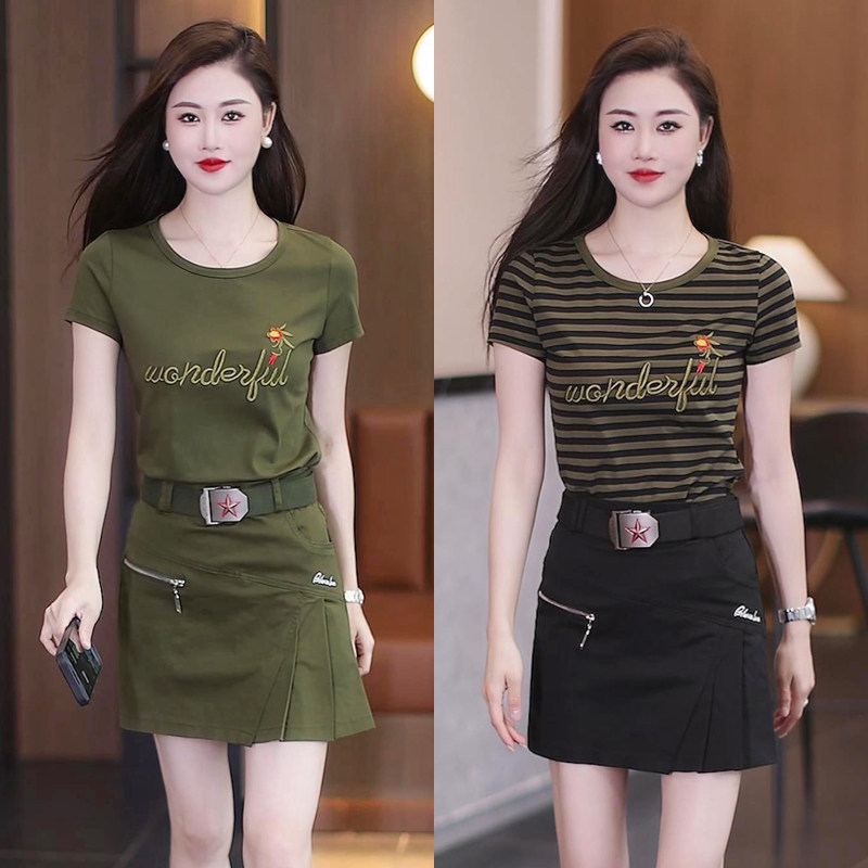 淑女时尚套装女夏半袖t恤军绿色百褶半身裙休闲防走光短裙两件套