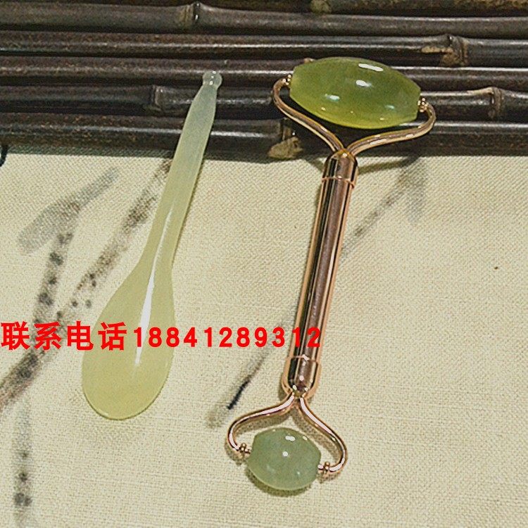天然玉石滚轮推脸美容器面部眼部按摩器岫玉拨筋棒锌合金杆架一体