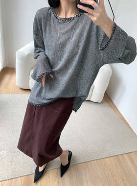 法式重工烫钻圆领t恤女长袖时尚镂空防晒衫早春新款微透宽松罩衫