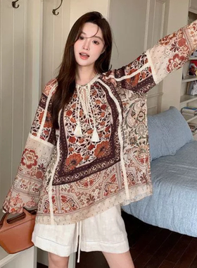 2025夏末初秋新款波西米亚风流苏系带天丝亚麻衬衫女上衣