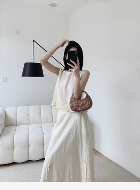 2025新款气质背心马甲半裙两件套夏亚麻老钱风时尚长裙套装女