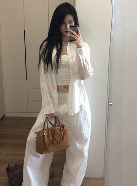 2025夏新松弛有度老钱风长袖衬衫套装亚麻白色女薄款防晒休闲套装