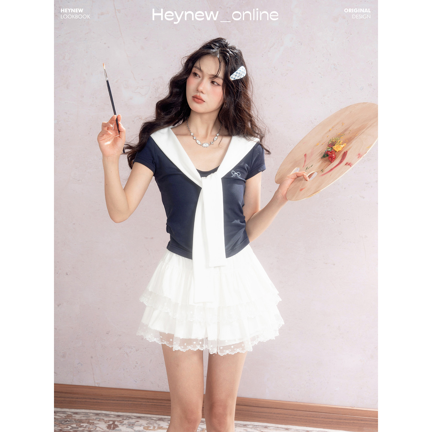 Loveheynew Contrast Color V-Neck Navy Blue Fake Two-Piece T-Shirt for Women 2025 Summer Fresh College Style Top