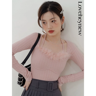 毛可拆卸 上衣 粉色挂脖长袖 LOVEHEYNEW纯欲针织辣妹女春季 新款