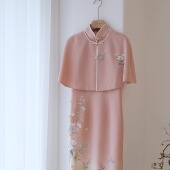 国风粉黛真丝正绢手绘披肩旗袍套装 中式 缪觅 MUMI