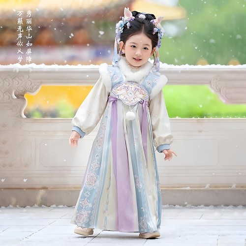 毛边2026新款汉服女童冬款古风襦裙儿童仙气国风加绒拜年服连衣裙
