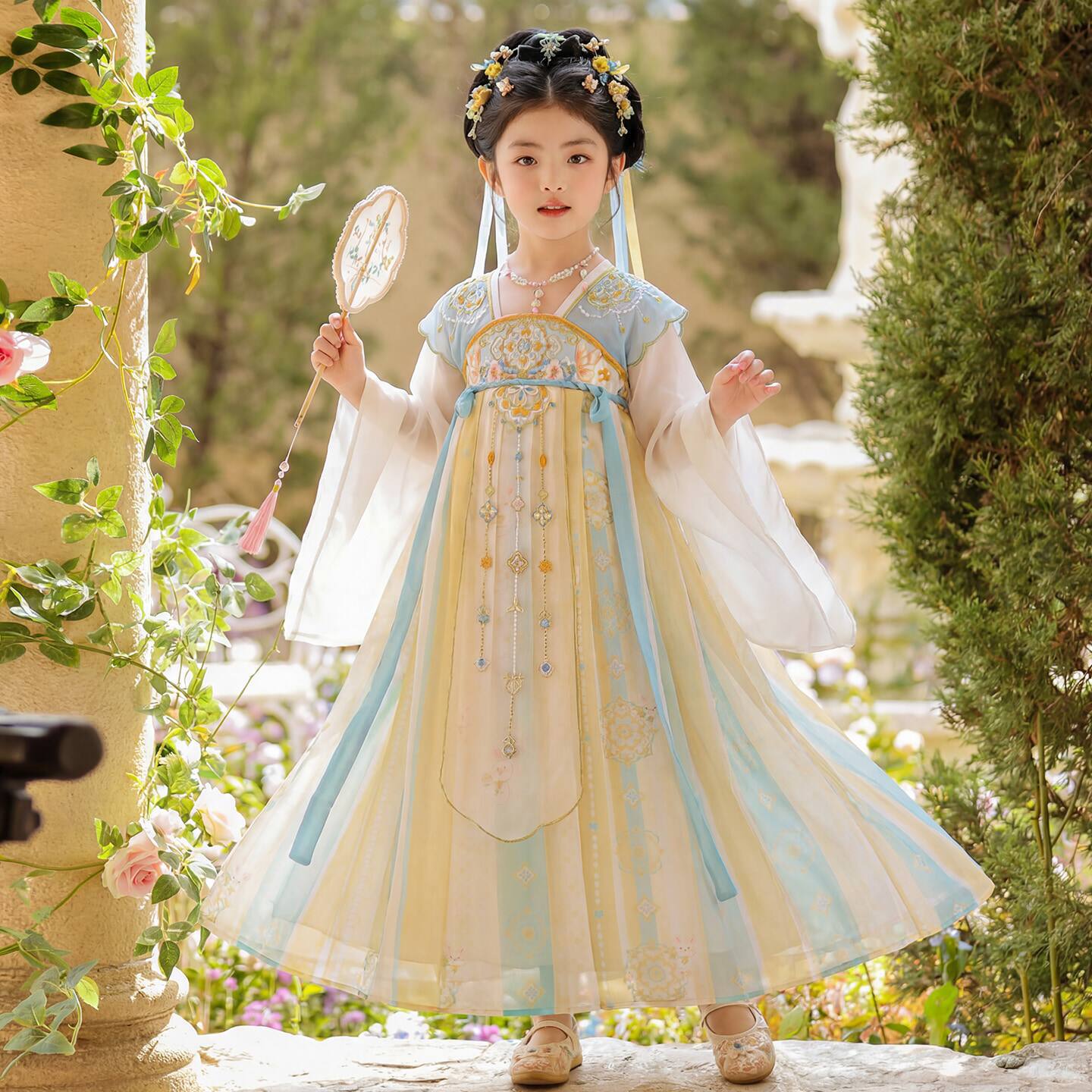 蓝色汉服女童春秋装2026大袖儿童中国风连衣裙古装超仙唐装公主裙