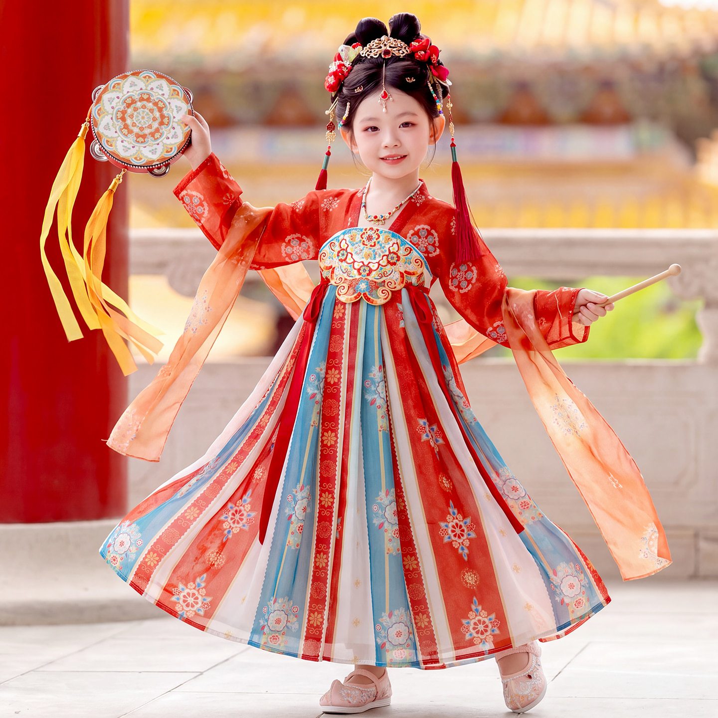 披帛汉服裙女童夏秋季新款儿童古装超仙公主裙宝宝齐胸襦裙演出服