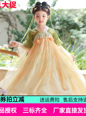 送披帛汉服裙夏秋薄款儿童古风超仙短袖襦裙仙气刺绣款公主连衣裙