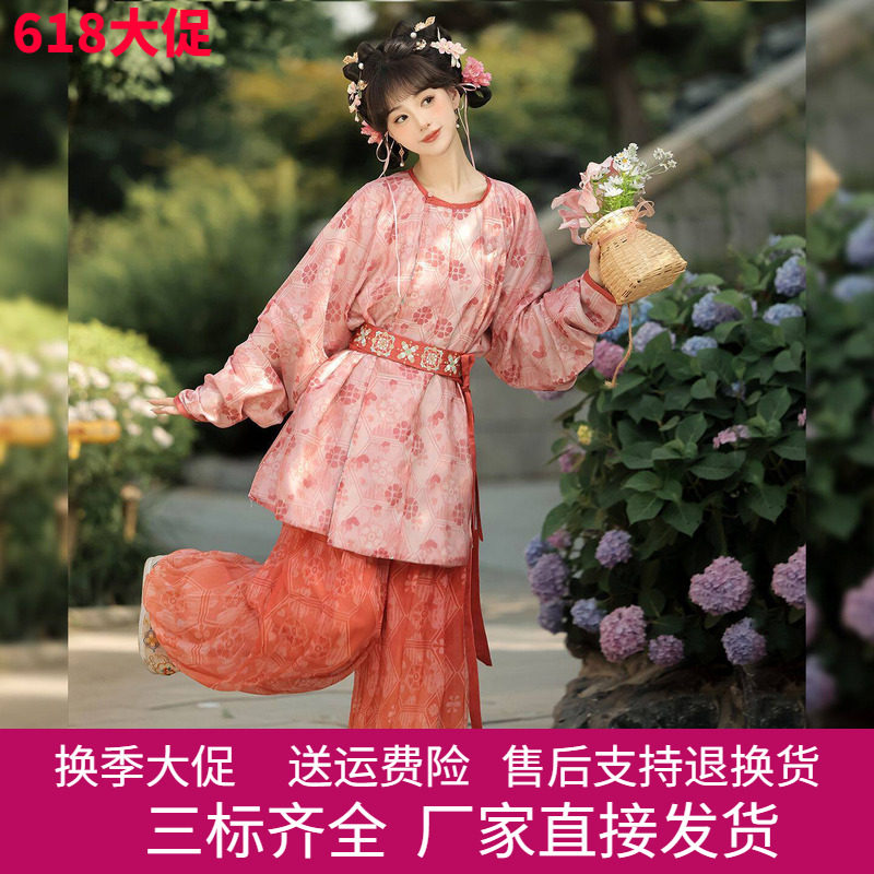 唐制原创汉服女2026春秋绣花短款圆领袍灯笼裤中国风日常通勤套装