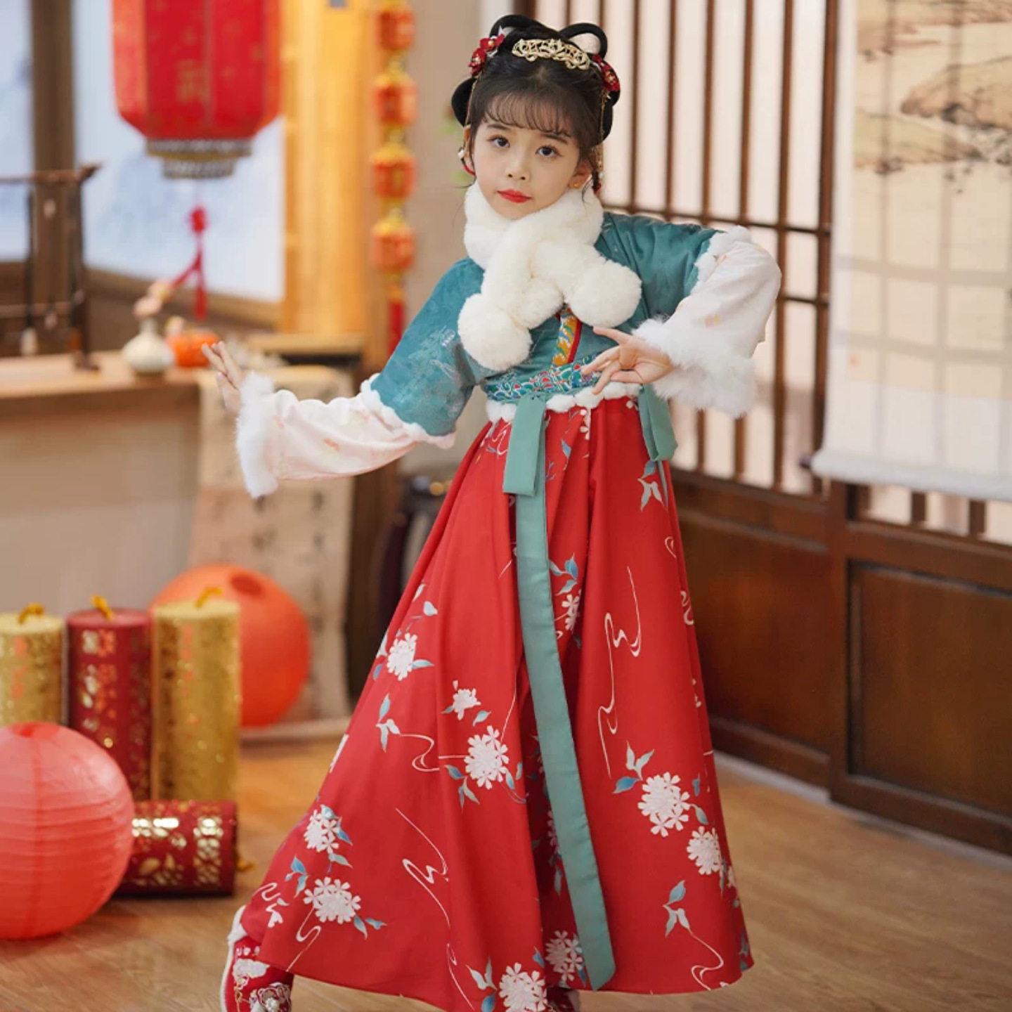 女童加绒半袖汉服礼服裙春秋