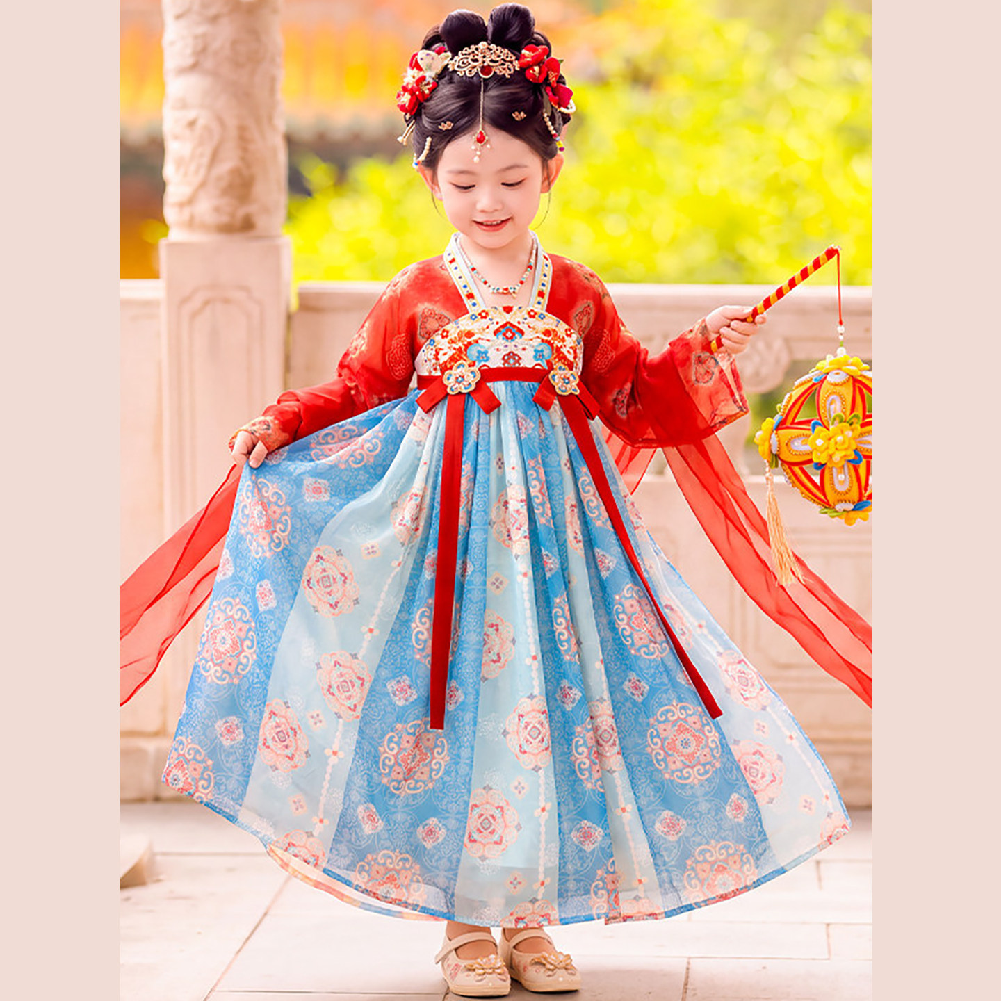 红蓝国学披帛汉服女国风2026秋儿童古风公主裙超仙女孩长袖连衣裙