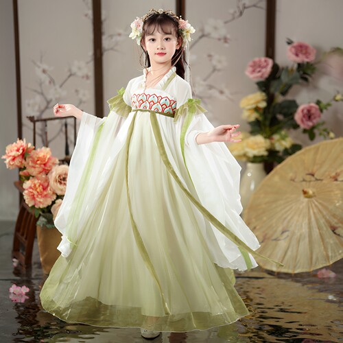 订珠绿色大袖汉服裙女童国风唐装襦裙2026秋季儿童古风连衣裙演出
