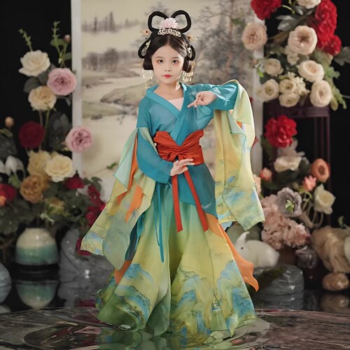 蓝色女童交领汉服套装演出休闲