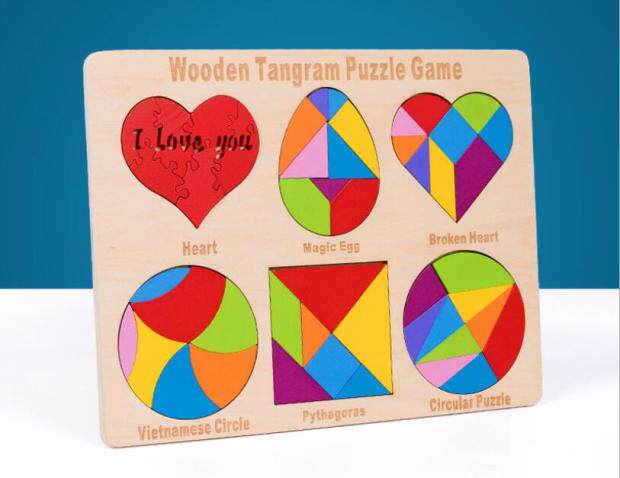 木质儿童拼图益智七巧板心形蛋形圆形拼板游戏玩具六合一多功能板