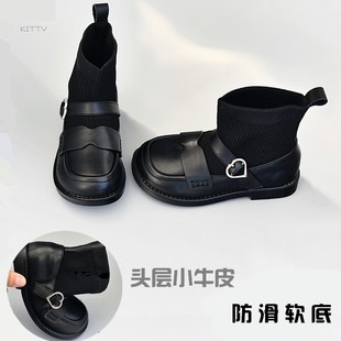 女童小牛皮靴针织短靴女孩单靴秋冬棉靴女宝公主鞋软底黑色真皮鞋