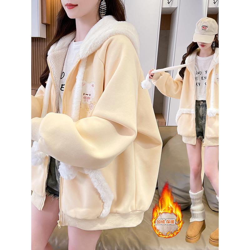 加绒加厚棒球服外套少女冬季2025新款初高中学生可爱连帽宽松棉服