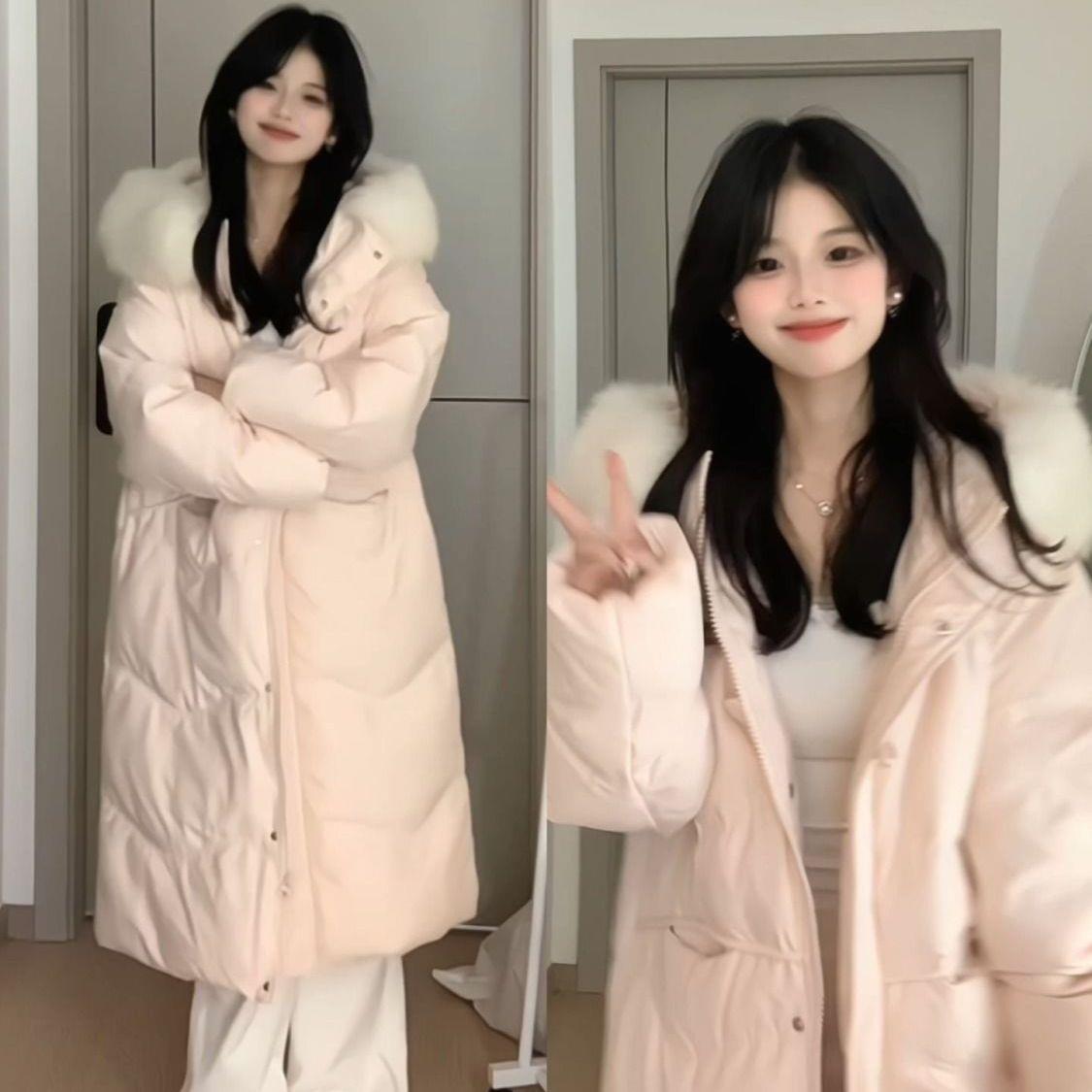 大毛领羽绒服中长款棉服女2025新款冬季宽松过膝棉衣加厚棉袄外套