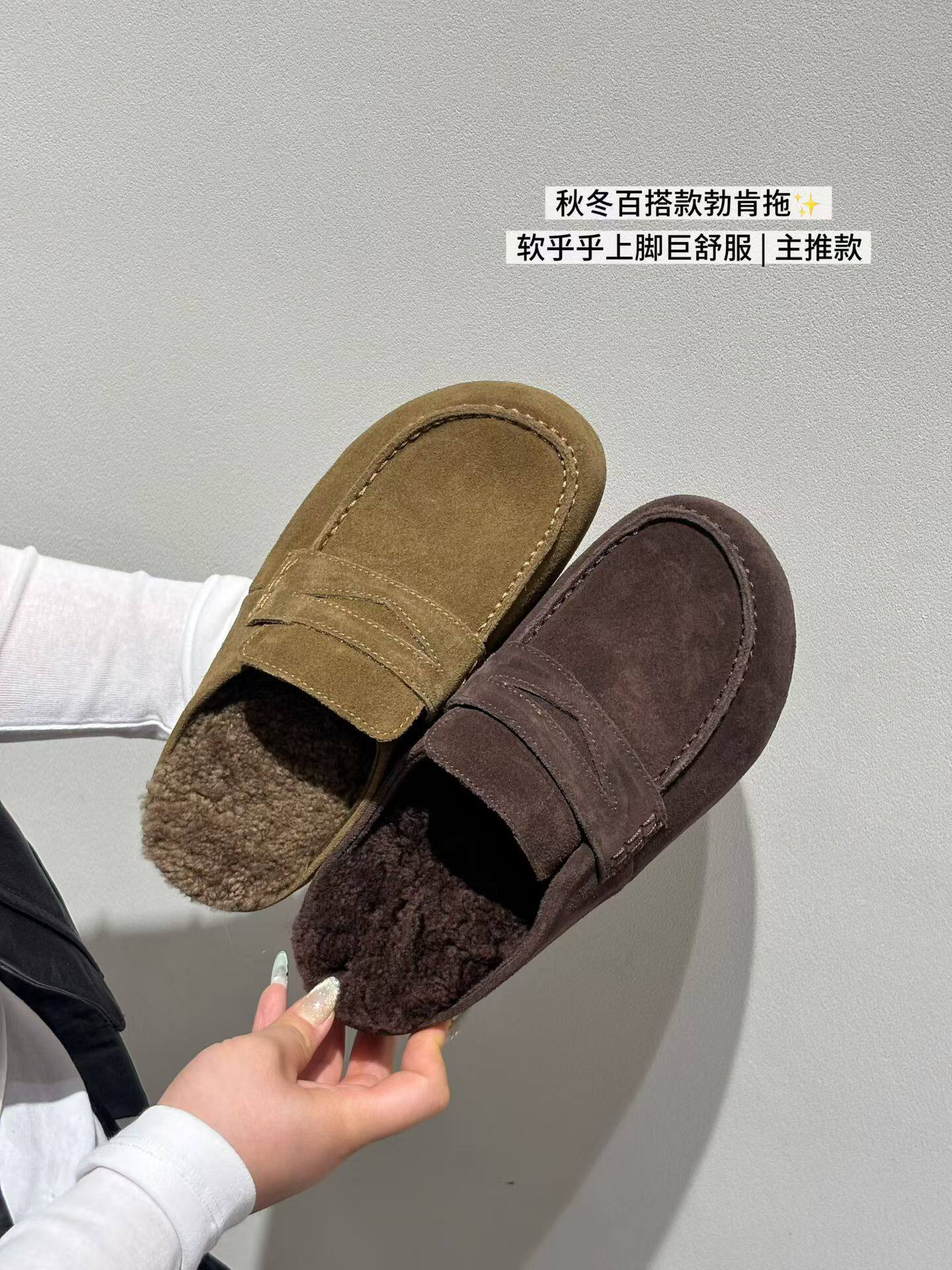 厚底增高4cm加绒包头半拖鞋女2026冬季新款牛反绒懒人复古勃肯鞋