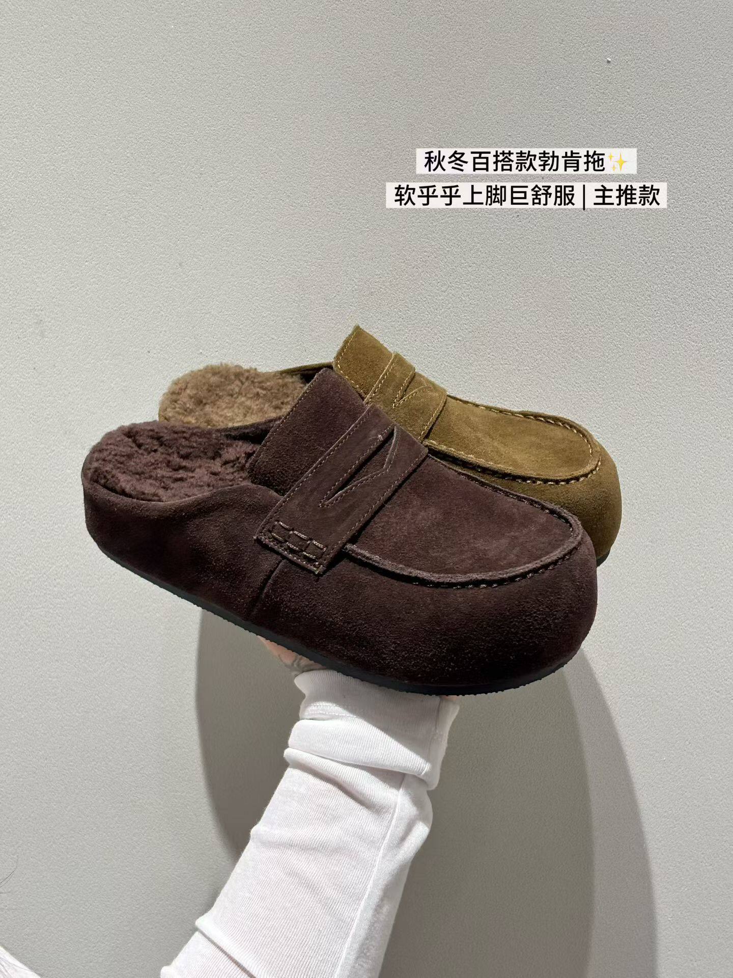真皮复古增高加绒勃肯鞋女冬厚底百搭保暖毛毛鞋羊羔毛包头拖鞋子