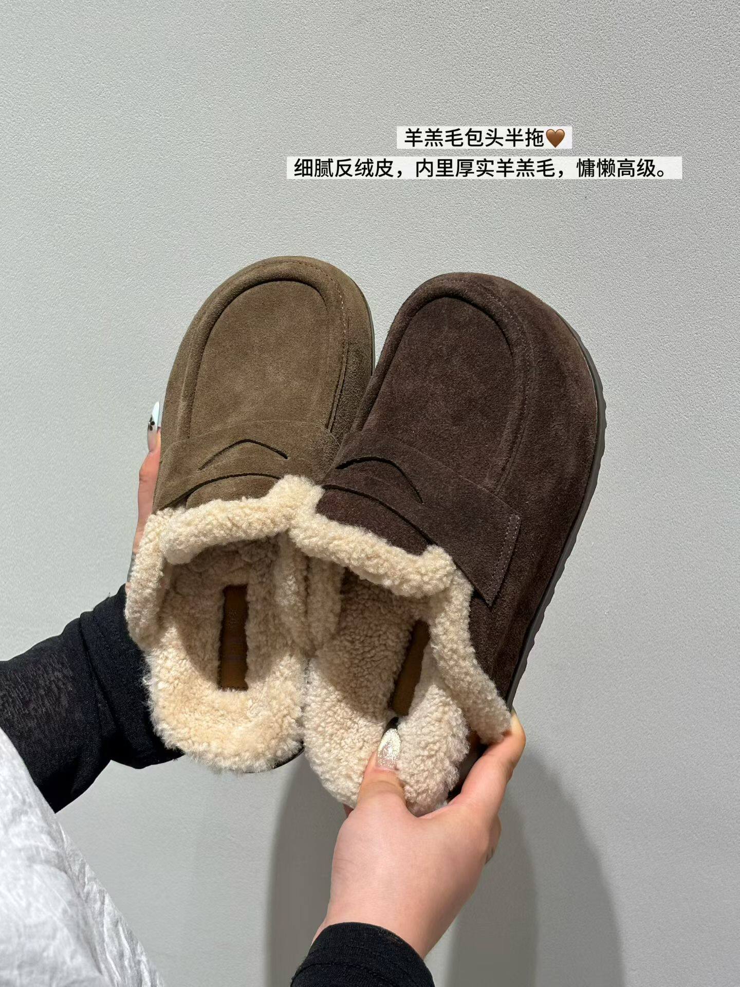 真皮增高厚底勃肯包头拖鞋女冬加绒保暖棉鞋羊羔毛套脚保暖毛毛鞋