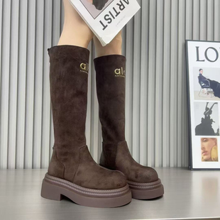 欧洲站2025年新款长靴显瘦弹力高筒靴女圆头厚底增高不过膝瘦瘦靴