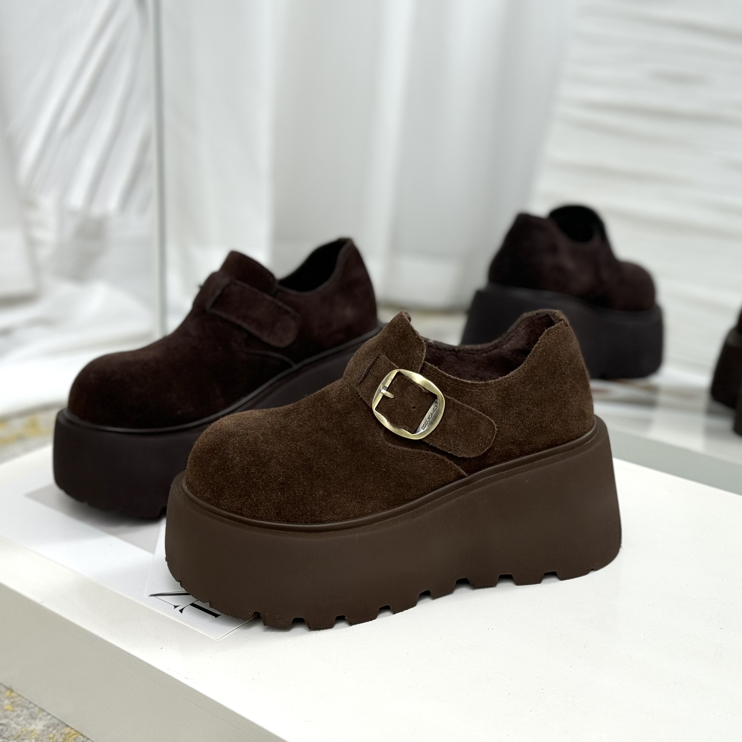 真皮厚底勃肯鞋女新款冬季小个子增高松糕鞋一脚蹬乐福鞋加绒棉鞋