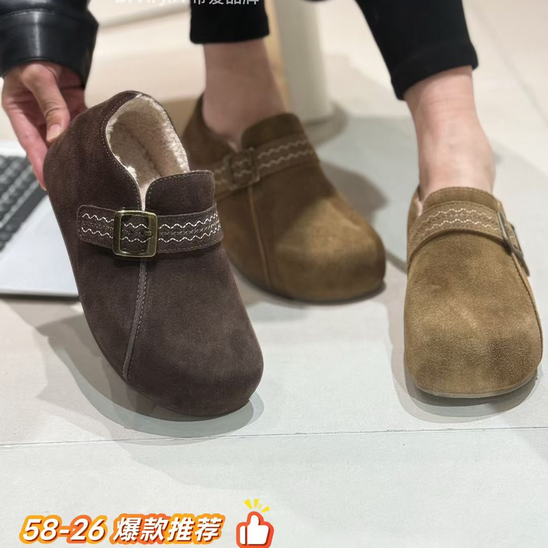 真皮加绒勃肯鞋女全包外穿女鞋冬季新款厚底豆豆鞋内增高保暖棉鞋