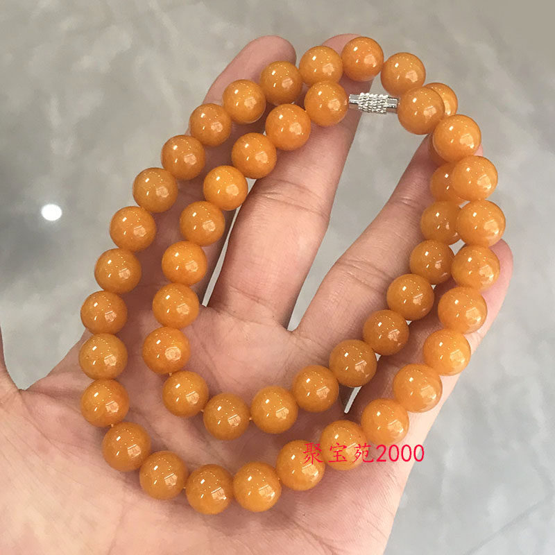 鸡油黄黄龙玉圆珠项链男女士锁骨链黄玉妈妈链大气颈饰玉石珠链子