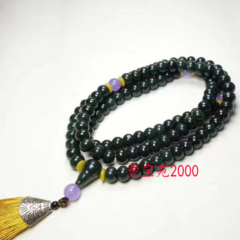 新疆和田玉青玉老型珠108颗项链男女款苹果珠佛珠多圈手串毛衣链