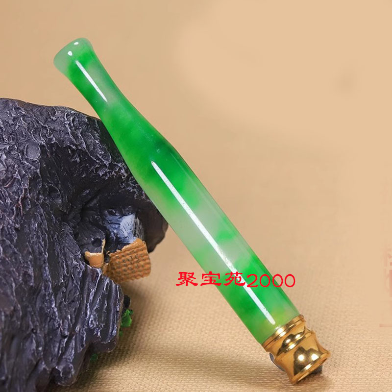 天然翡翠色玉石过滤烟嘴石英岩玉飘绿花烟嘴玉烟具烟杆男文玩礼物