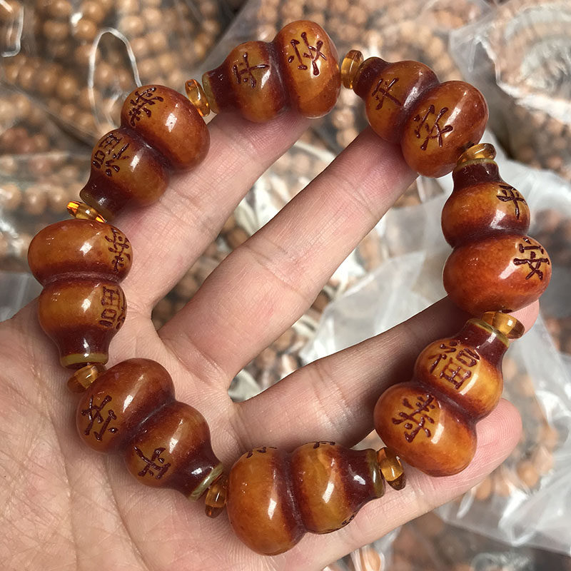 老蜜蜡葫芦手链琥珀蜜蜡平安福寿手串把玩念珠福禄寿做旧古玩收藏