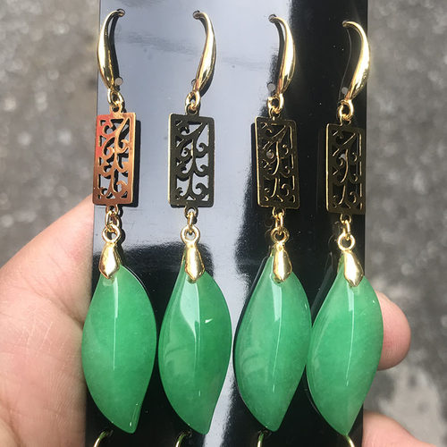 天然满色阳绿玉石树叶耳坠祖母绿耳环翡翠色金枝玉叶耳饰转运耳钉
