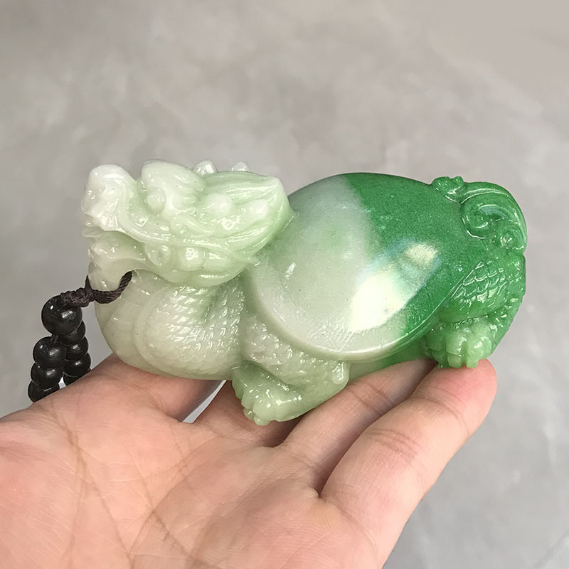 天然翡翠色玉石招财纳福龙龟摆件玉龙头龟手把件车载玄武神兽摆件