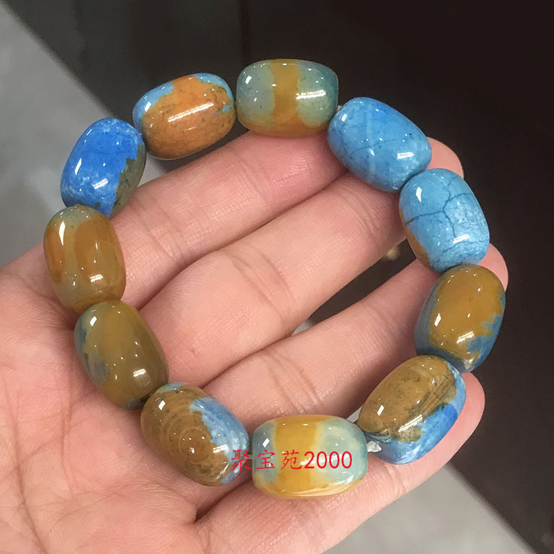天然原矿地球蓝玛瑙手串桶珠路路通手链单圈简约时尚手饰文玩送礼