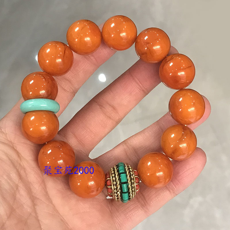 天然老蜜蜡手串鸡油黄琥珀圆珠加尼泊尔珠手链男女盘玩把玩佛珠串