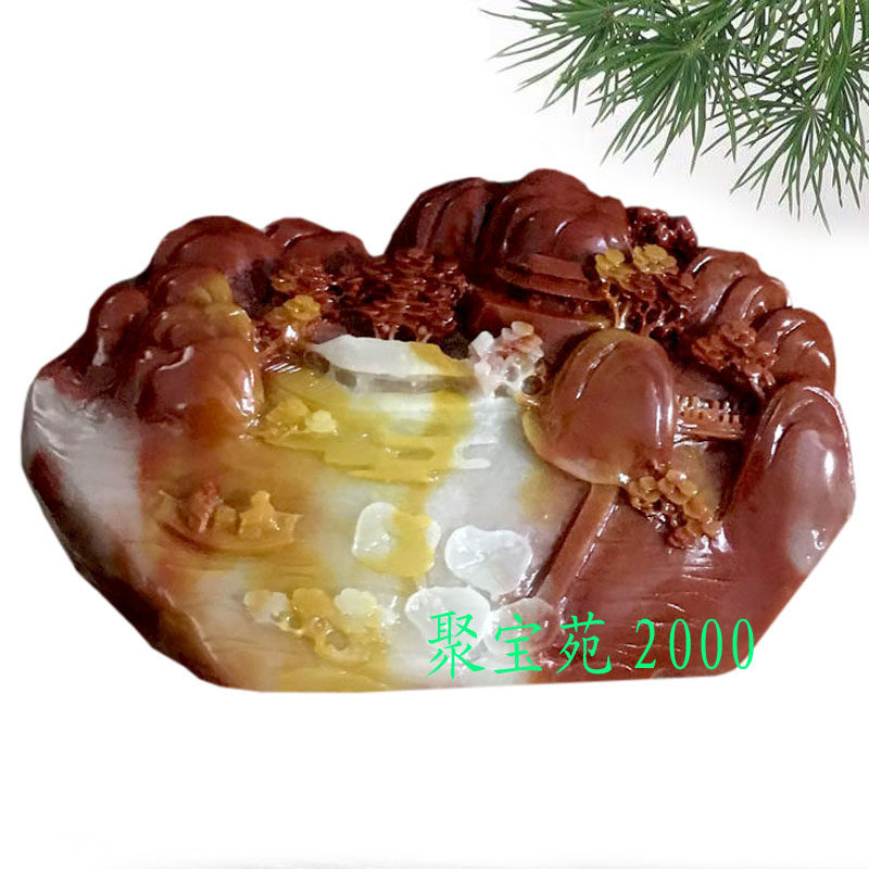 仿黄蜡石黄龙玉人物二人行摆件石雕玉石原石山水工艺品家居摆件