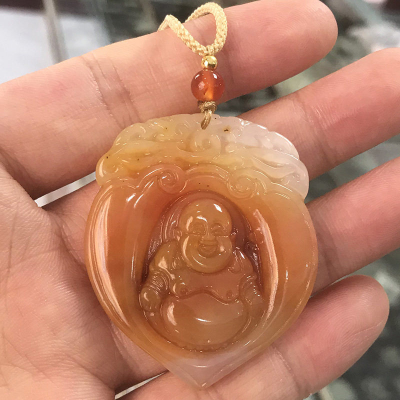 天然黄龙玉心中有佛吊坠男女士玉石佛公项链玉佩玉坠弥勒佛毛衣链