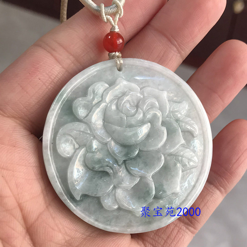 天然翡翠A货花开富贵吊坠女毛衣链圆牌项链真品缅甸玉牡丹花玉佩