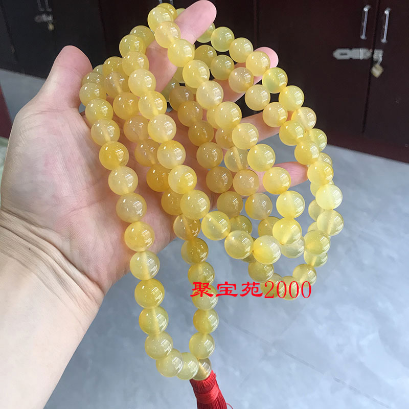 天然水晶黄玉髓108颗佛珠念珠项链玛瑙手持把玩件流苏配饰玉盘玩