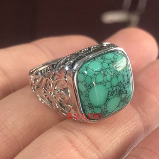 天然原矿高瓷绿松石戒指镶嵌方形松石活口指环男女戒指复古玉戒圈