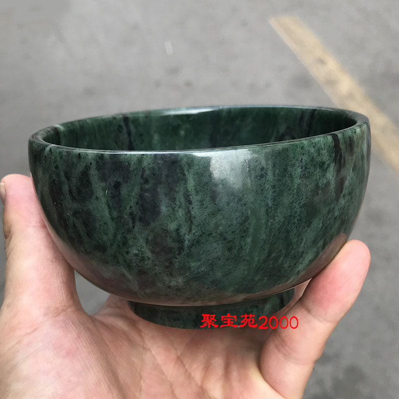 天然墨绿玉药王石碗玉石家用饭碗养生玉碗原石精雕汤碗摆件玉礼品