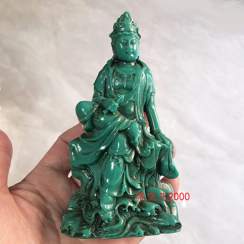 天然原矿绿松石观音菩萨家居摆件仿古货做旧观音神像摆饰文玩收藏
