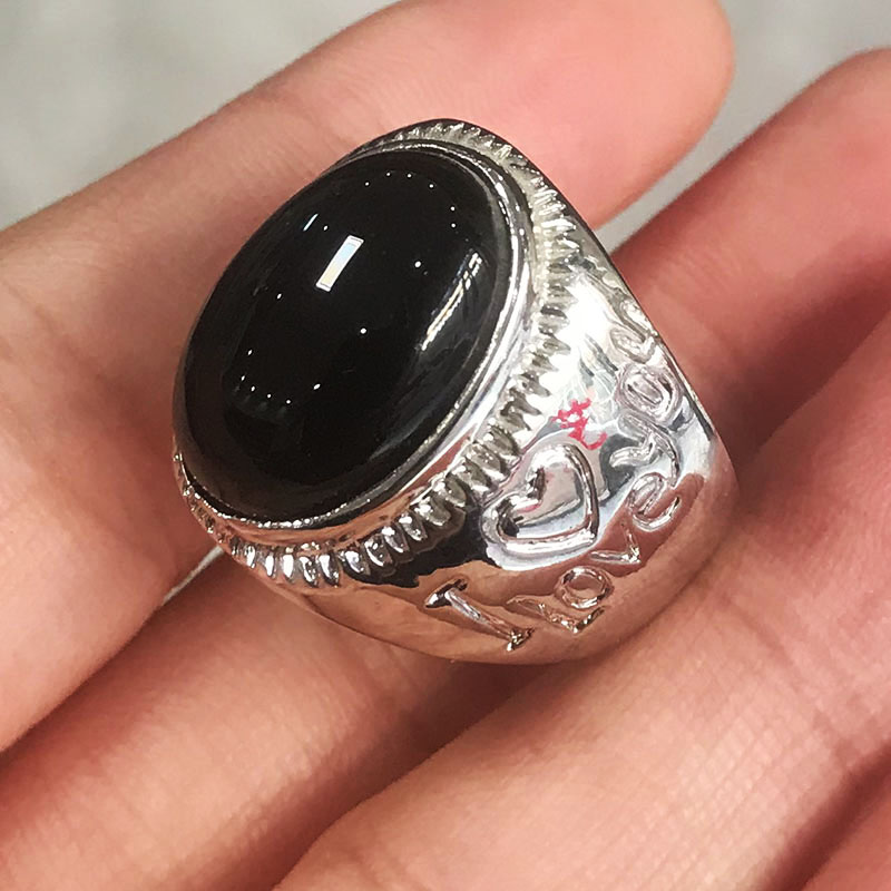 天然黑玛瑙戒指男女大气时尚玉髓水晶指环黑宝石蛋面镶嵌戒指礼物