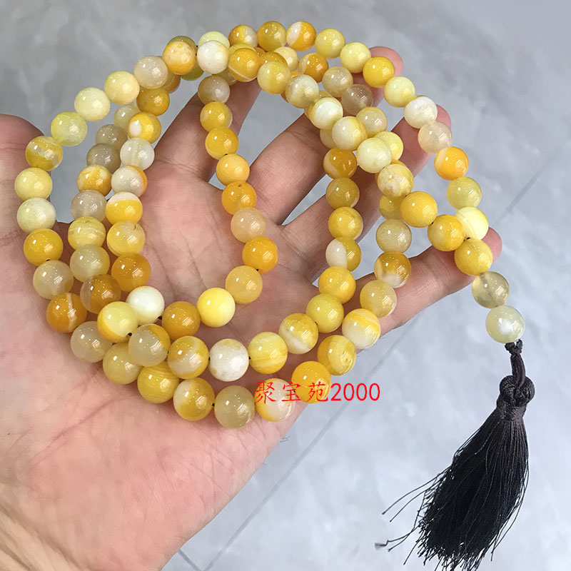 黄玛瑙108粒佛珠念珠玉髓水晶国风毛衣链本命年招财饰品盘玩手持