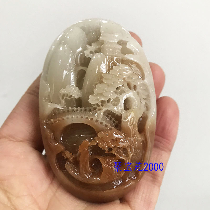 天然新疆和田玉糖白玉精雕意境山水手把件男女文玩仿玉石把玩盘玩